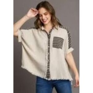 Umgee Womens XL Shirt Cream Linen Rayon Blend Boxy Raw Hem Lagenlook Granola USA